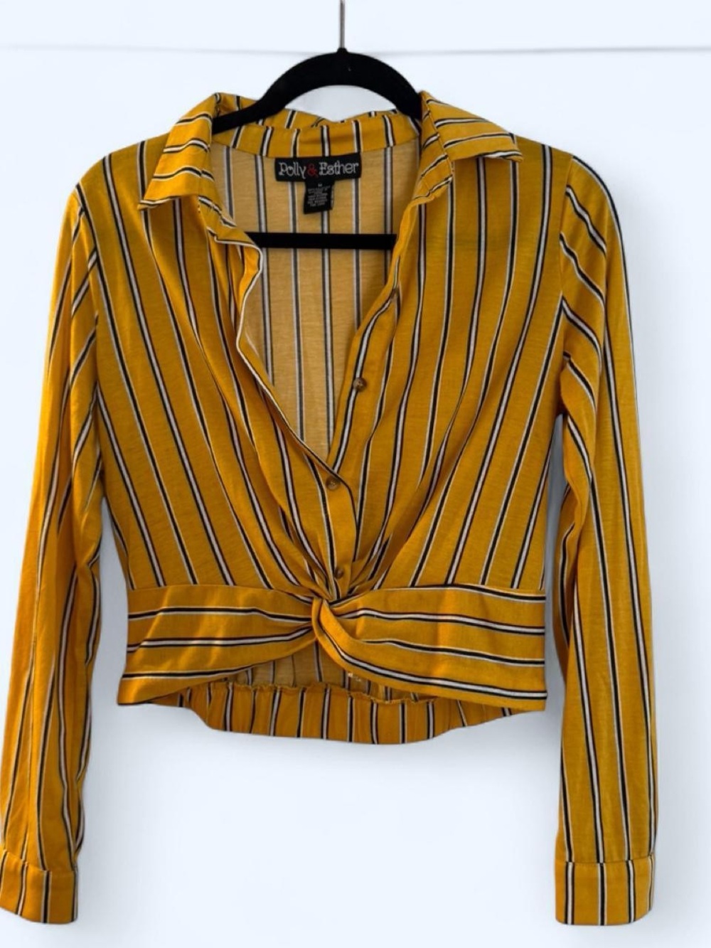 Polly & Esther Mustard Striped Twist-Front Button Down Shirt